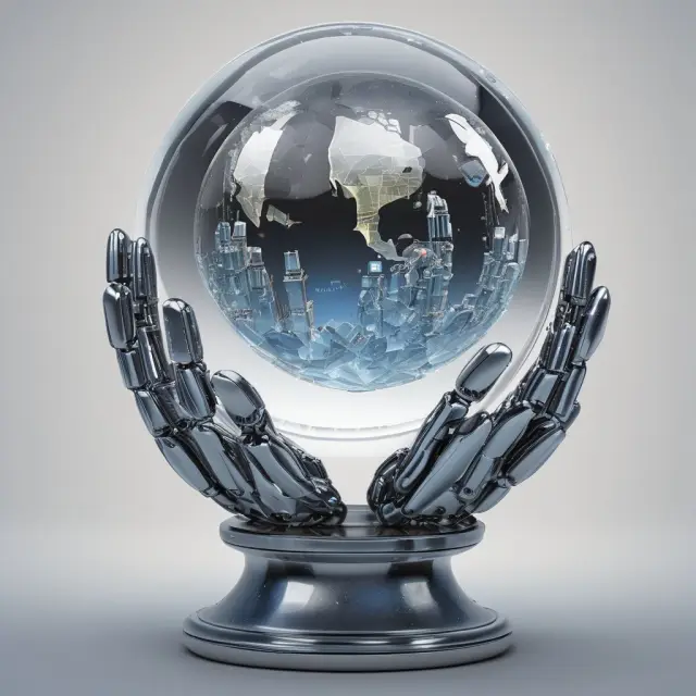 A robot hand holds a crystal ball displaying stock market data and digital economy trends