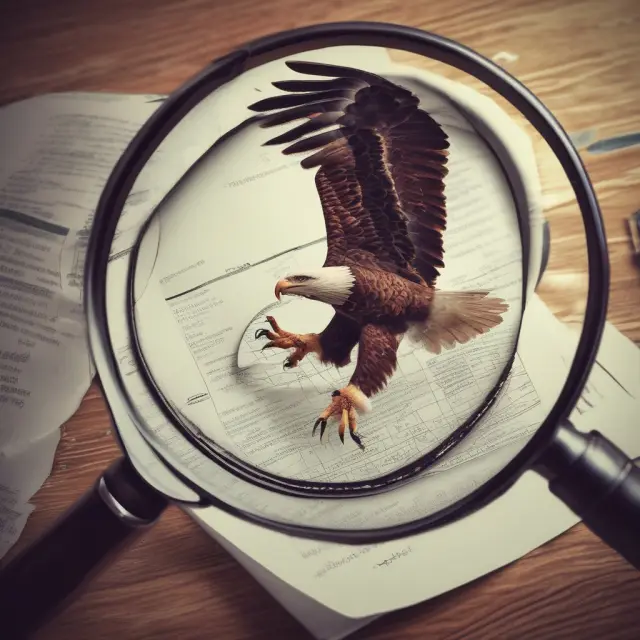 An eagle perched on a branch intently studies a New Home Sales report using a magnifying glass, symbolizing the thorough examination of market data for housing and economic insights.