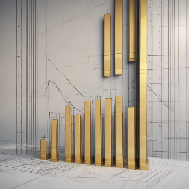 Golden bars chart depicting New Home Sales data amidst blueprints, illustrating growth in housing market.