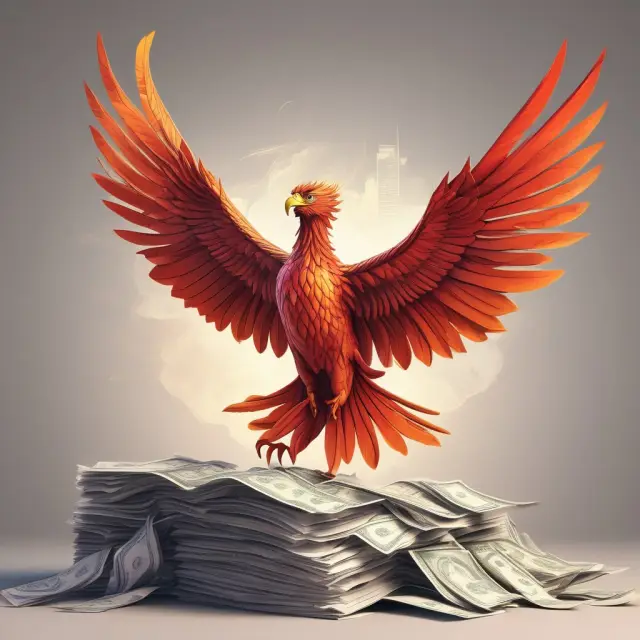 A mythical phoenix rising from a pile of financial documents, illustrating Alphabet