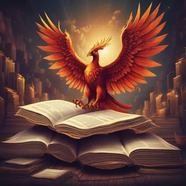 Visualization of a mythical Phoenix rising above a stack of legal documents and financial statements, representing a company