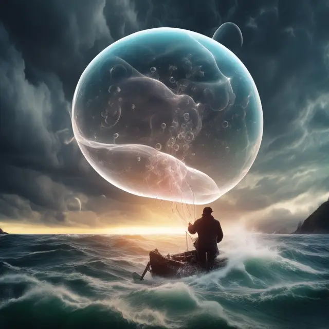 Visualizing risks in new issues: Hype, valuation discrepancies, and market fluctuations. Investor examines a bursting bubble surrounded by charts representing hype, valuation, and market conditions