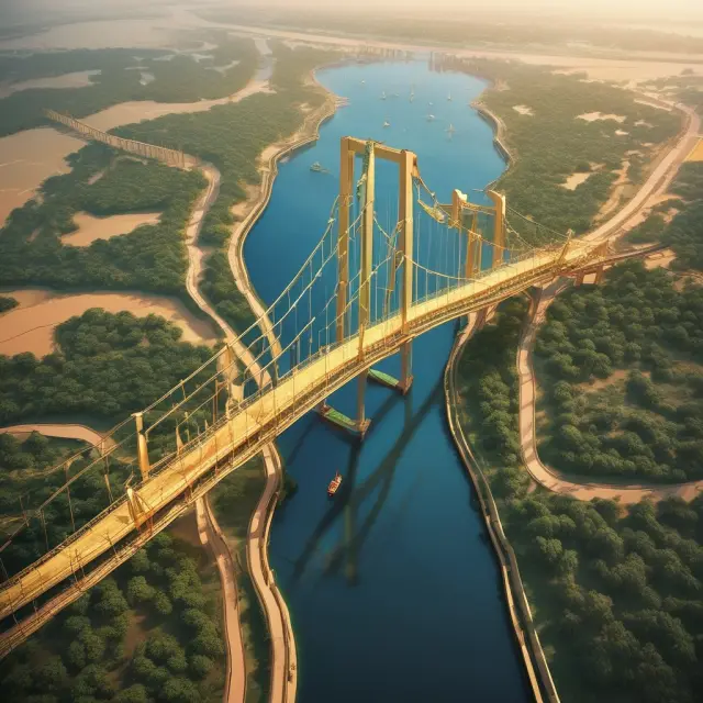 Image of a golden bridge connecting a developing nation to an industrialized one, symbolizing the transition from developing to Newly Industrialized Country status