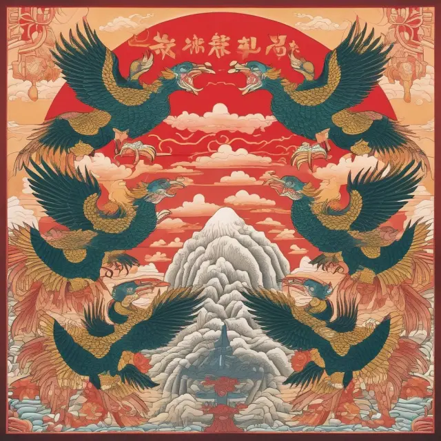 Five mythical phoenixes symbolizing China, India, Singapore, Taiwan, and Turkey rising from economic ashes