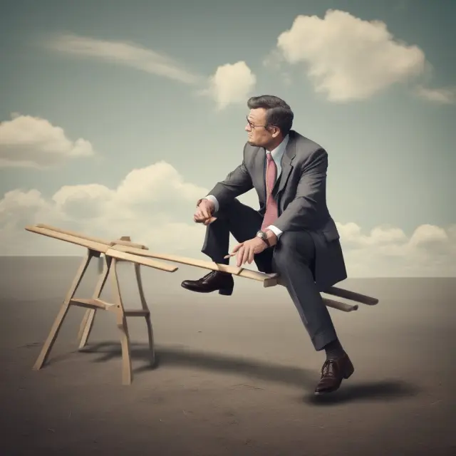 News trader skillfully navigating a seesaw, representing the fading strategy: entering trades opposite to trend as enthusiasm wanes