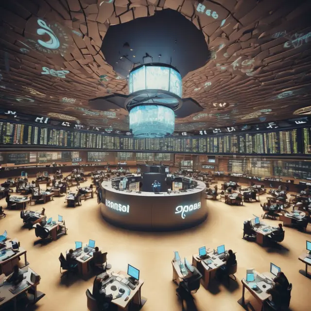 Image of stock ticker symbols swirling around a tranquil trading floor symbolizing news traders effectively managing emotions during volatile market conditions