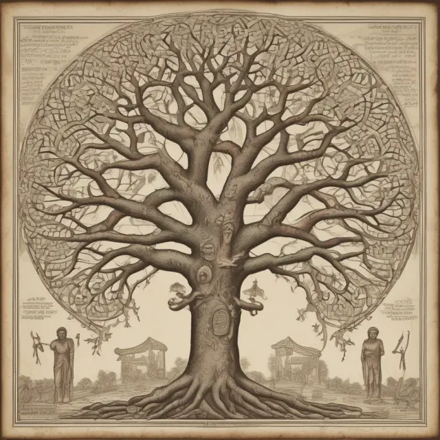 An ancestral tree illustrates the intricacies of next-of-kin relationships and complex inheritance laws, showcasing interwoven branches representing bloodlines and legal bonds.