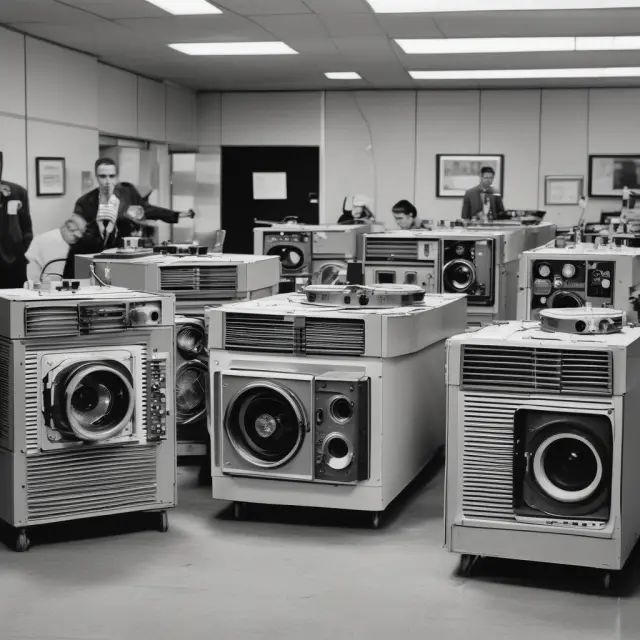 A vintage display of logos for General Electric, Coca-Cola, IBM, Xerox, and Polaroid on a dusty shelf