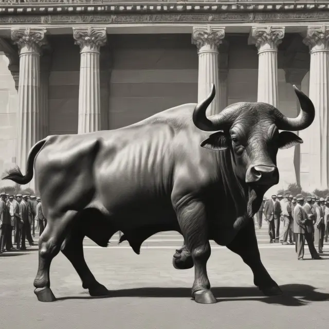 An image of towering economic landmarks symbolizing Nifty Fifty stocks, supporting a vibrant bull market landscape