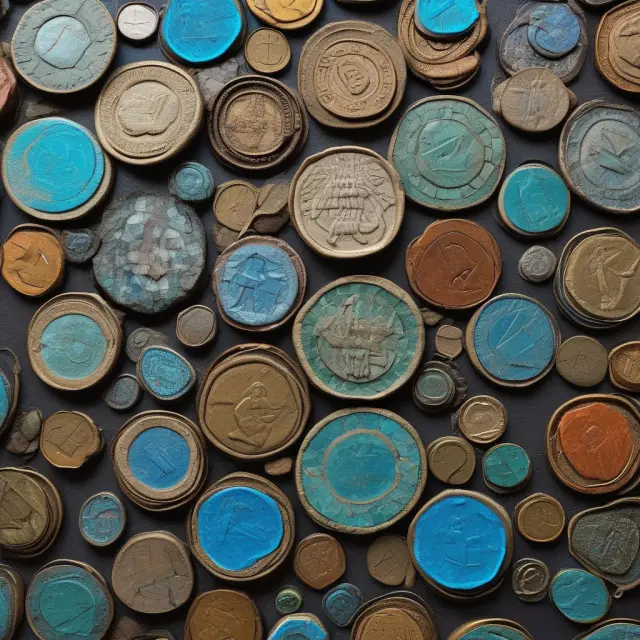 An image of ancient coins arranged to form a mosaic of various blue-chip company logos, symbolizing historical insights and valuable lessons for contemporary investors.
