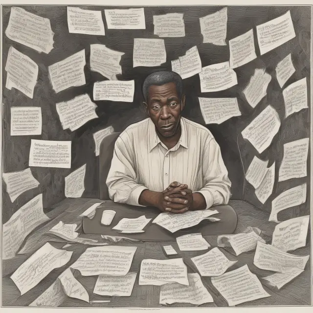 Nigerian prince amidst tangled maze of letters and emails symbolizing scams.