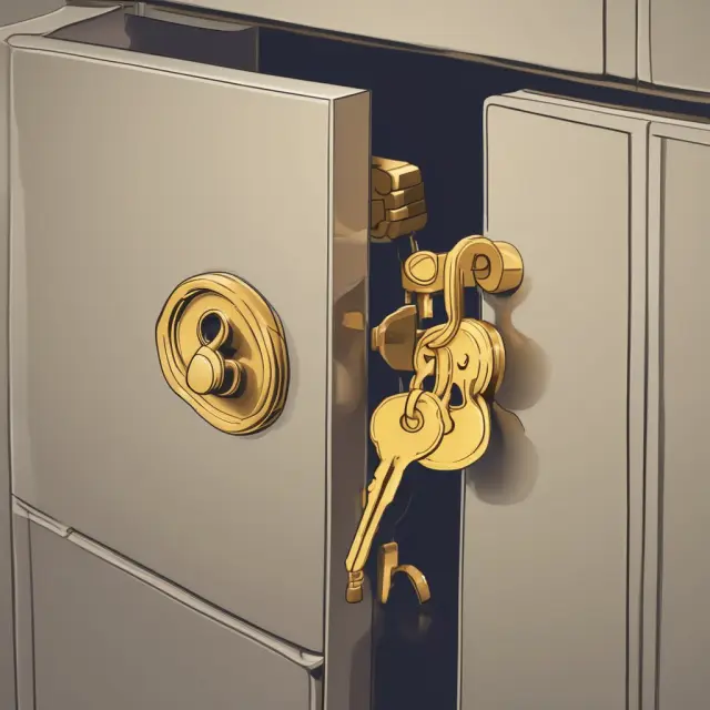 Key unlocking night deposit box filled with gold coins symbolizing security and convenience for cash-based businesses.