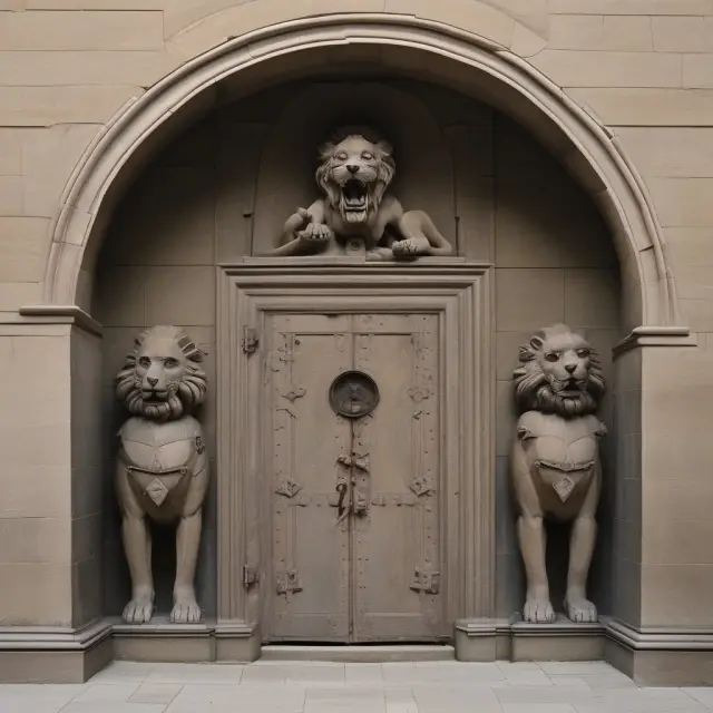 Lions guarding a vault with a night depository bag