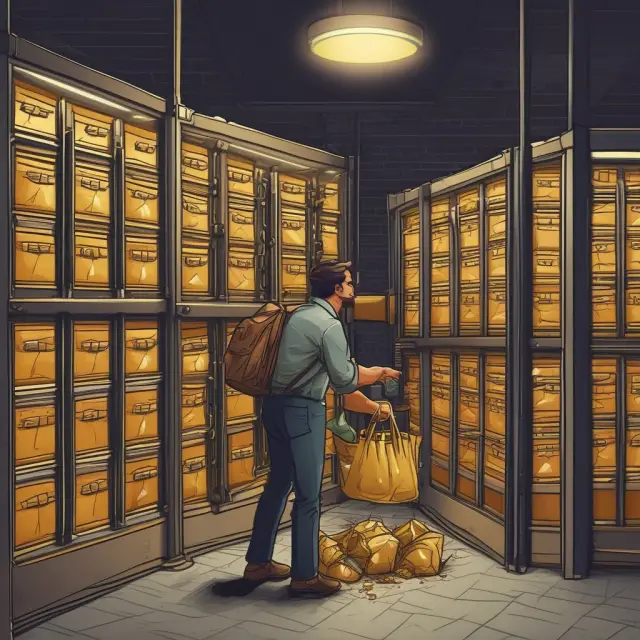 An owl depositing gold coins and bags containing checks into a secure night depository for safekeeping