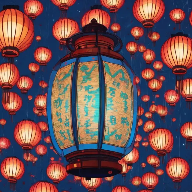 A giant Japanese lantern emitting radiant blue-chip stocks, symbolizing Nikkei