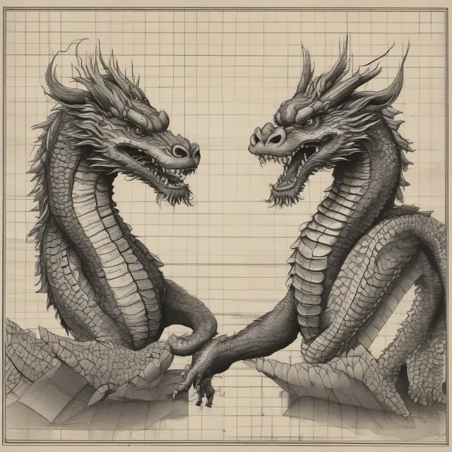 Two mythical dragons representing Nikkei and DJIA, symbolizing their impact on the global economy