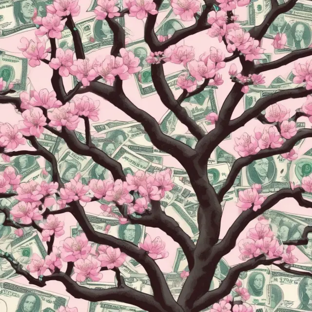 A vibrant cherry blossom tree with intertwining currency symbols representing various international investments in the influential Nikkei Index