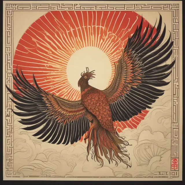 A phoenix symbolizes the Nikkei Stock Average, with its wings spread wide over a map of Japan, representing economic growth from past adversity.
