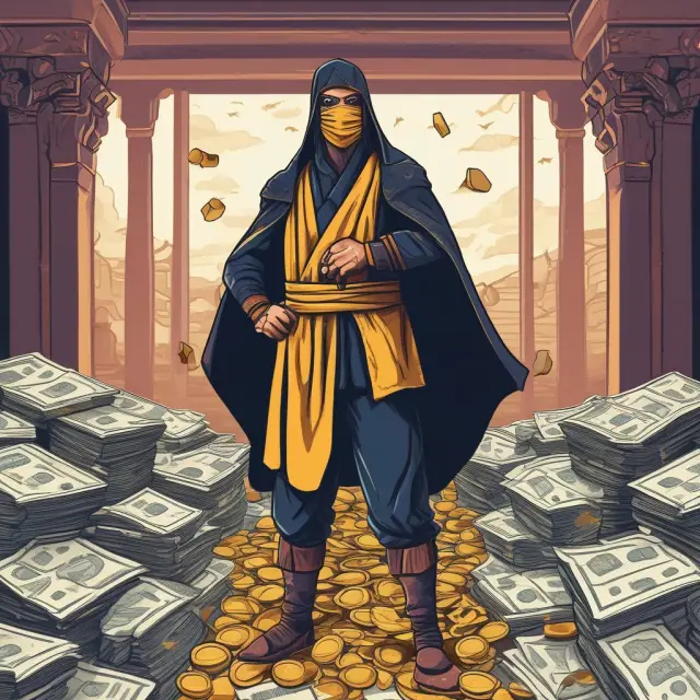 Ninja balancing on a scale between mountains of gold coins and piles of financial documents, representing NINJA loans and regulation checks