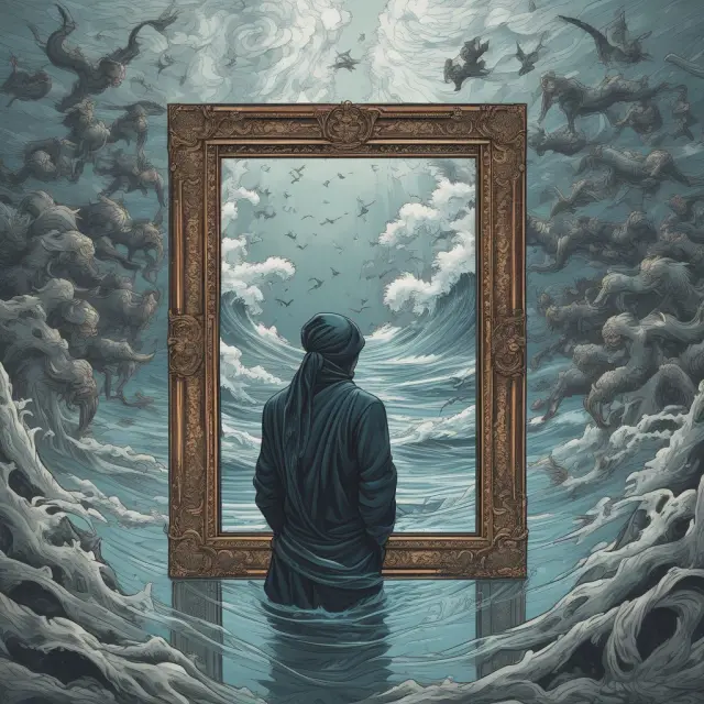 Mirror reflecting NINJA loan figures amidst turbulent sea, symbolizing financial risks and instability