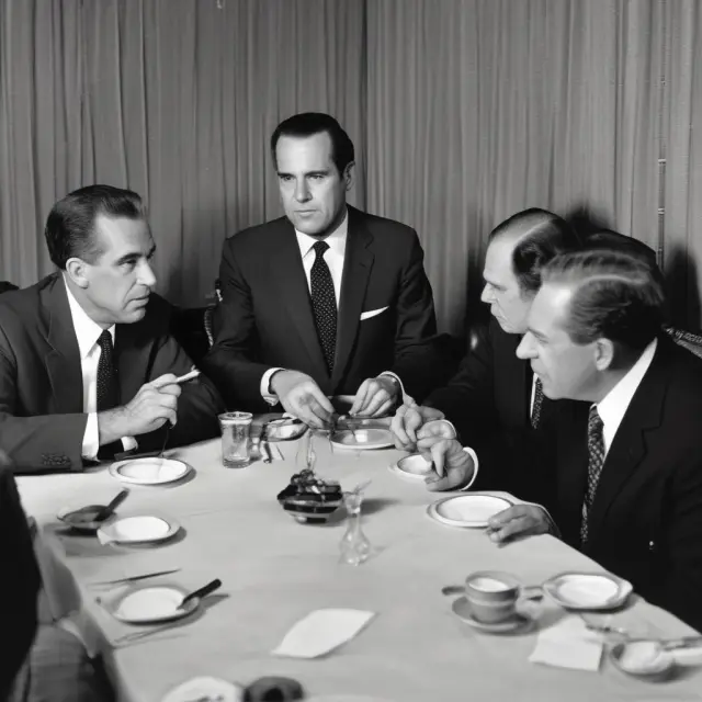 President Nixon stands at a symbolic crossroads with Keynesian economic policies represented by gold and the Bretton Woods Agreement signified by silver.