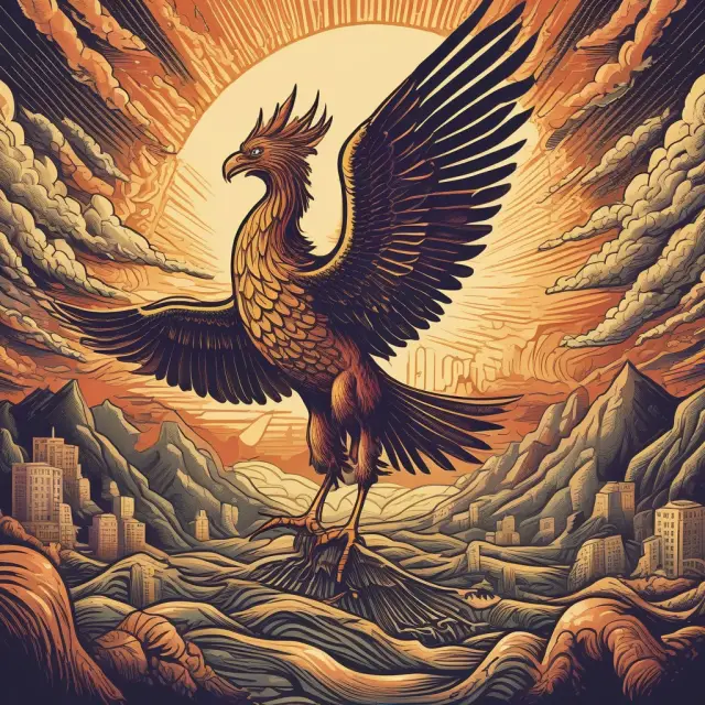 A phoenix, representing economic change, rising above a turbulent economic landscape, symbolizing the transition from the Bretton Woods Agreement to a new monetary era following the Nixon Shock.