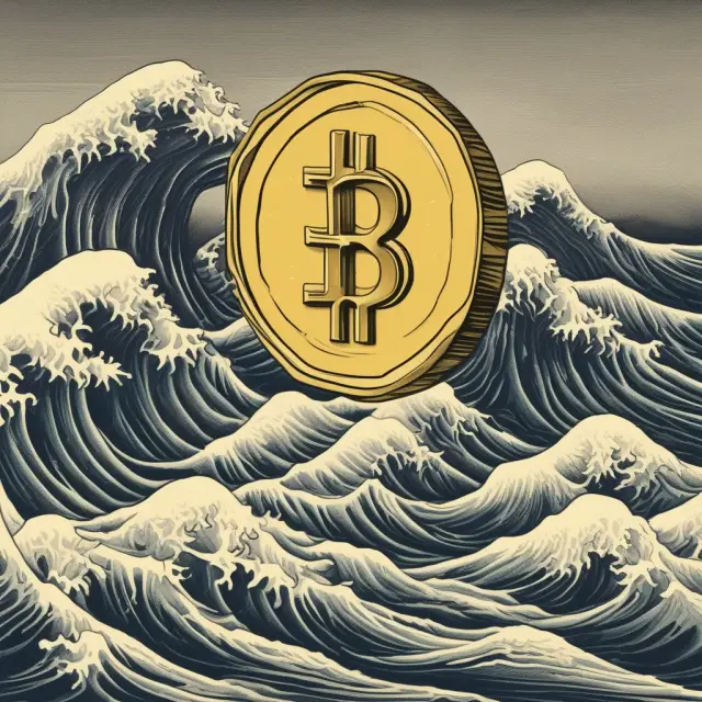 A golden dollar bobbing on choppy waters, representing currency instability during the Nixon Shock
