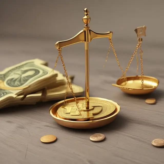 A golden scale balanced on a historical timeline, with gold standard on one side and fiat money on the other.