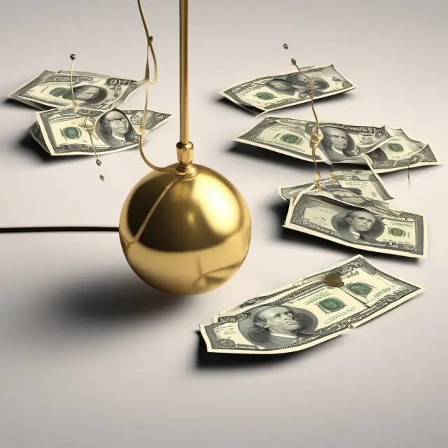 An image of a pendulum swinging between golden coins (gold standard) and paper money (fiat currency), illustrating the Nixon Shock