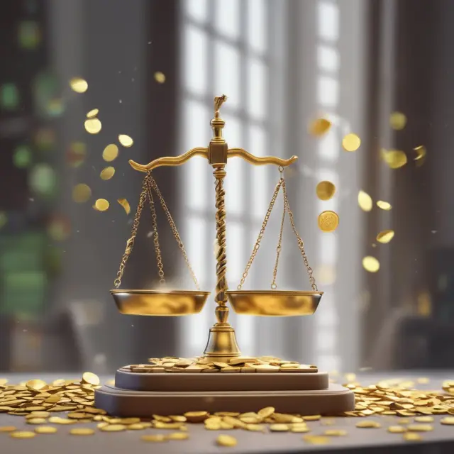 A set of scales tipped with golden coins hovering near a clear, open market window, reflecting the NMS