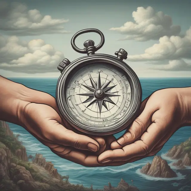 A person holds a compass atop a rocky investment landscape, overlooking numerous no-load mutual funds that represent long-term savings and compound interest growth.