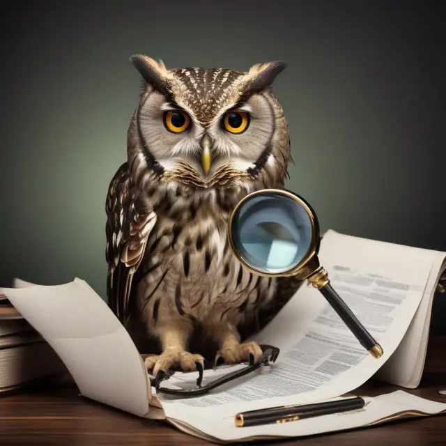 An owl, representing wisdom, carefully examining financial documents and utilizing a magnifying glass to highlight tax implications for a no-load mutual fund investment