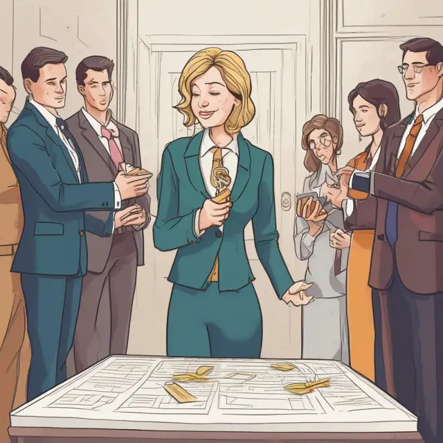 An image of a seller holding a golden key and signed LOI, surrounded by various buyers trying to offer their deals. This visualizes the concept of no-shop clauses in M&A transactions.