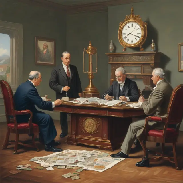 Buyer and seller discussing terms at a table, balance scale representing fairness, clock signifying the importance of timing in M&A negotiations