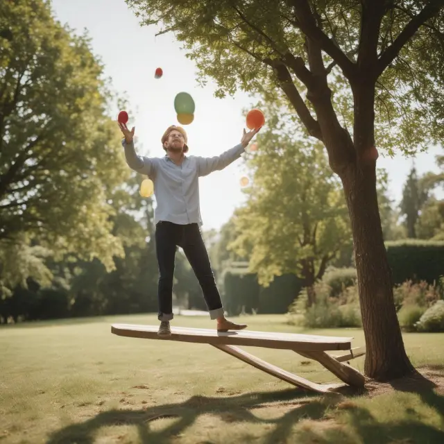 A property owner skillfully manipulating operating expenses to impact net operating income, depicted as a seesaw with costs being juggled