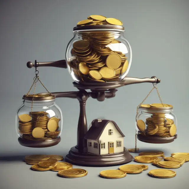 A gold coin scale depicting net operating income factors: property taxes, management fees, repairs & maintenance, utilities, and insurance costs.