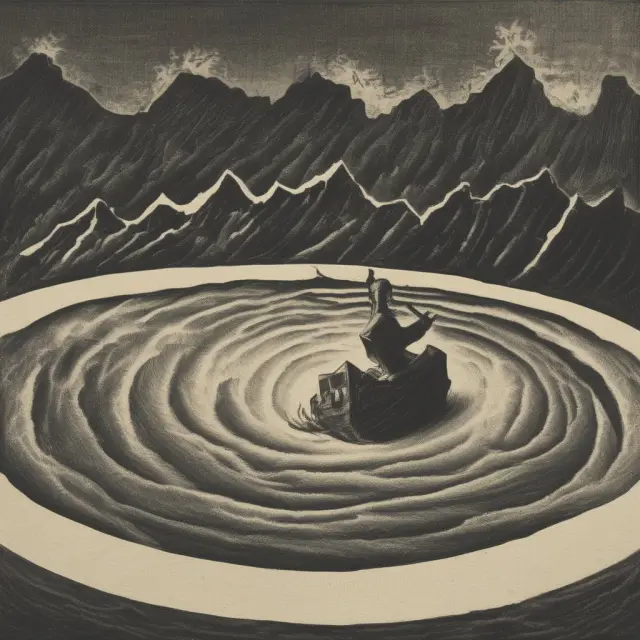 A turbulent whirlpool symbolizing market noise, with underlying trends appearing as schools of fish below the surface