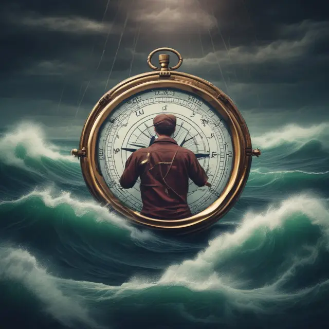 An investor holding a compass braves stormy financial waters to reach their destination despite market noise and short-term volatility