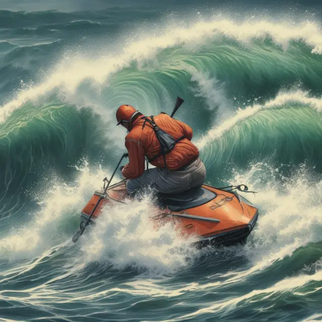A wise investor on a surfboard navigating volatile markets, employing effective strategies like stop-loss orders, diversification, discipline, and risk tolerance.