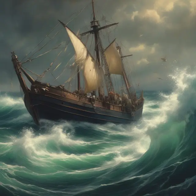 Sailor skillfully guiding a boat through turbulent financial waters while holding a compass to separate signal from market noise