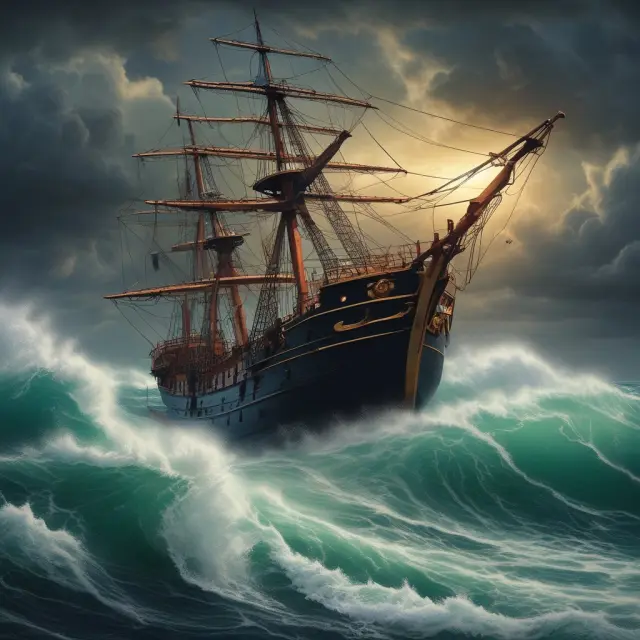 A professional noise trader skillfully rides the financial waves on a sturdy boat, contrasting a novice trader struggling to stay afloat amidst market chaos