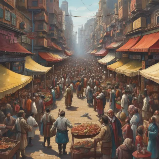 A vibrant financial marketplace with traders discussing and implementing various trading strategies, including noise traders debating their impact on the markets