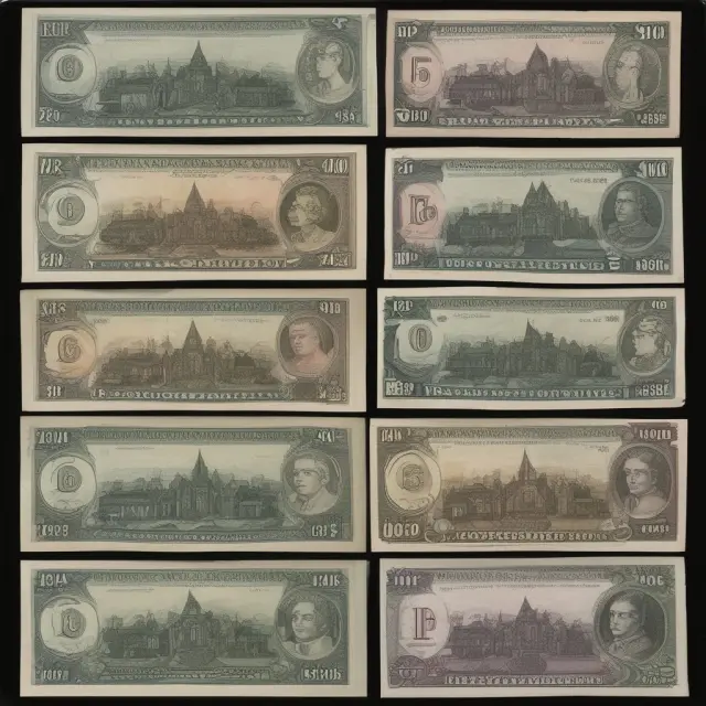 A Norwegian banknote design illustrating maritime history, and coins representing cultural symbols