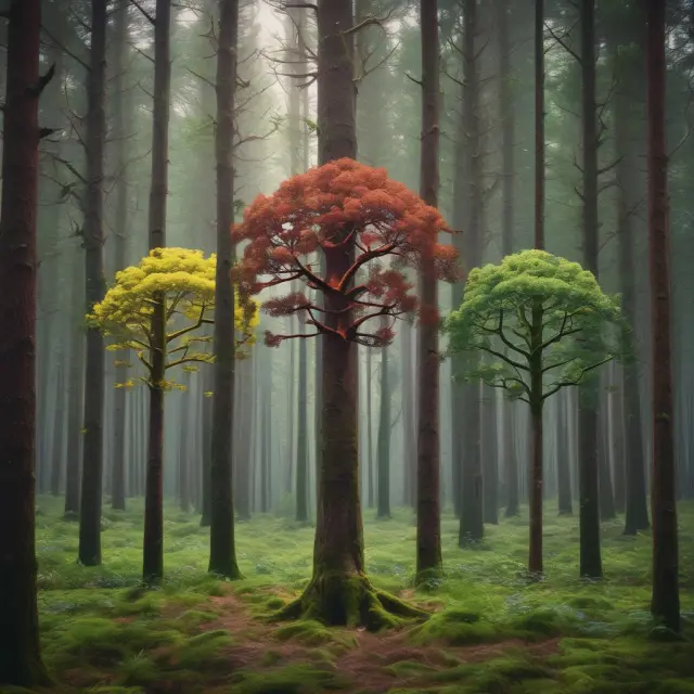 Three interconnected trees representing Norwegian Krone (NOK), Danish Krone (DKK), and Swedish Krona (SEK) in a forest, with NOK tree slightly taller