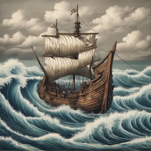 Viking ship sailing on oil waves with interest rate currents, representing Norway