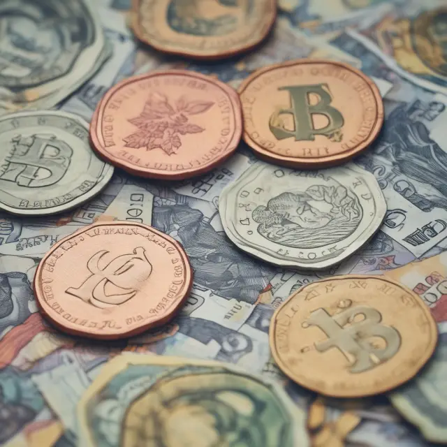 A tranquil river with the European Euro (EUR), U.S. dollar (USD), and Norwegian Krone (NOK) coins flowing on its banks, representing exchange rates