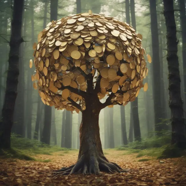 Golden Norwegian Krone coins forming a towering tree amidst windy European currencies, symbolizing stability in a volatile market.