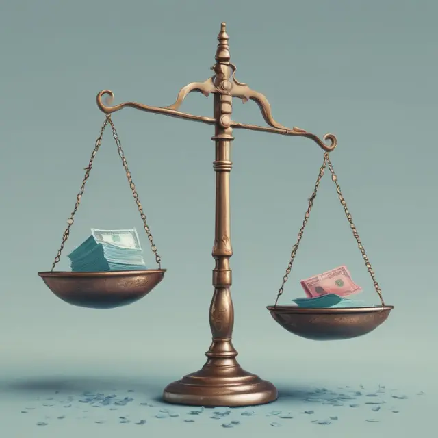 Visualizing scales representing nominal vs. real values contrasted against a backdrop of fluctuating financial waters
