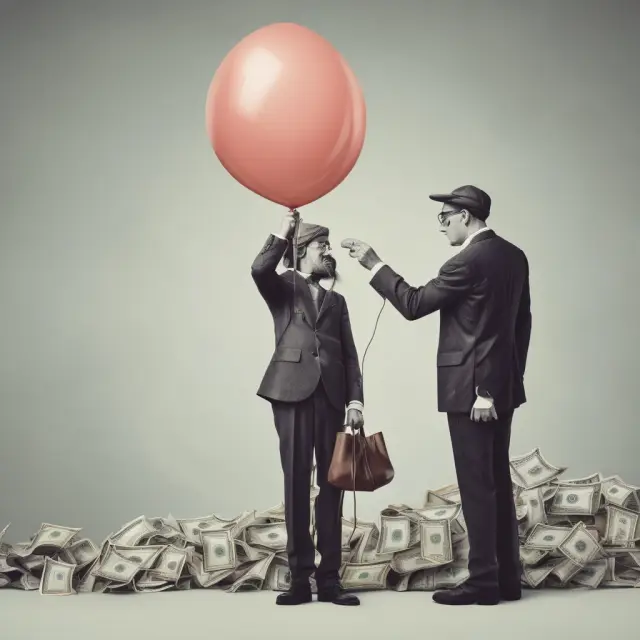 A time-traveling investor examines nominal stock value against a deflating balloon, illustrating the impact of inflation on purchasing power