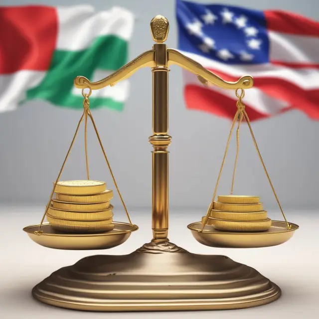 National flags atop scales balanced by gold coins depicting nominal GDP values for various economies.